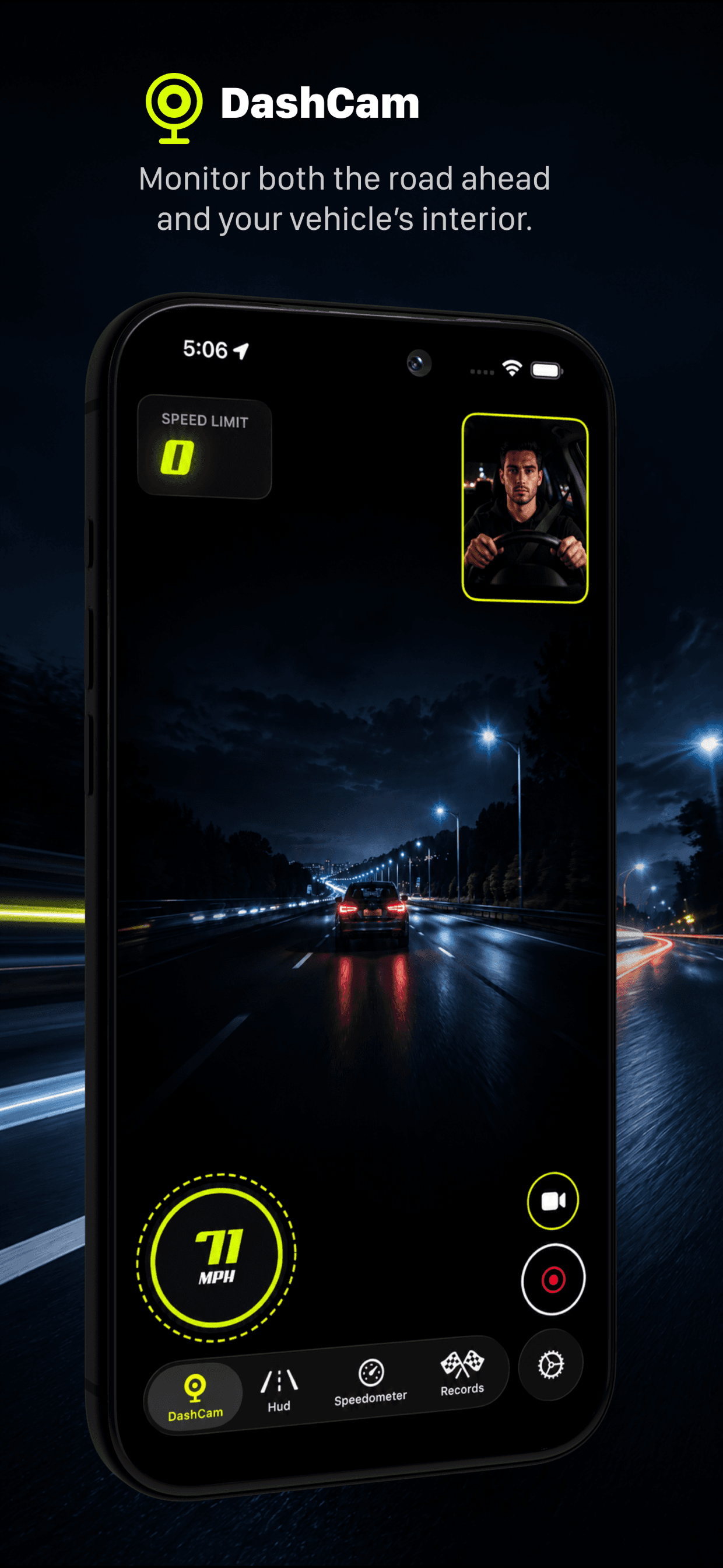 Bolt Speedometer DashCam recording the road and cabin with live speed overlay