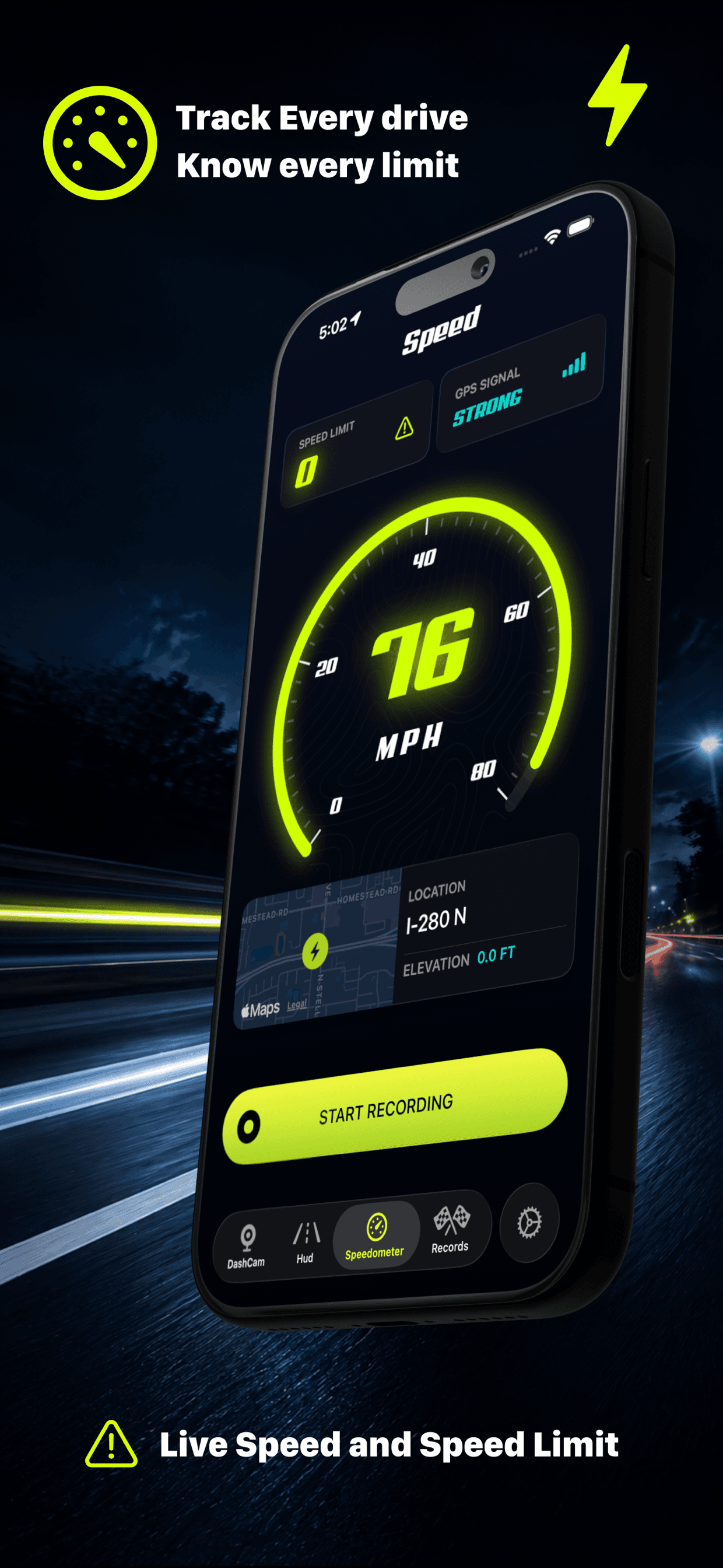 Bolt Speedometer app showing live GPS speed on an iPhone
