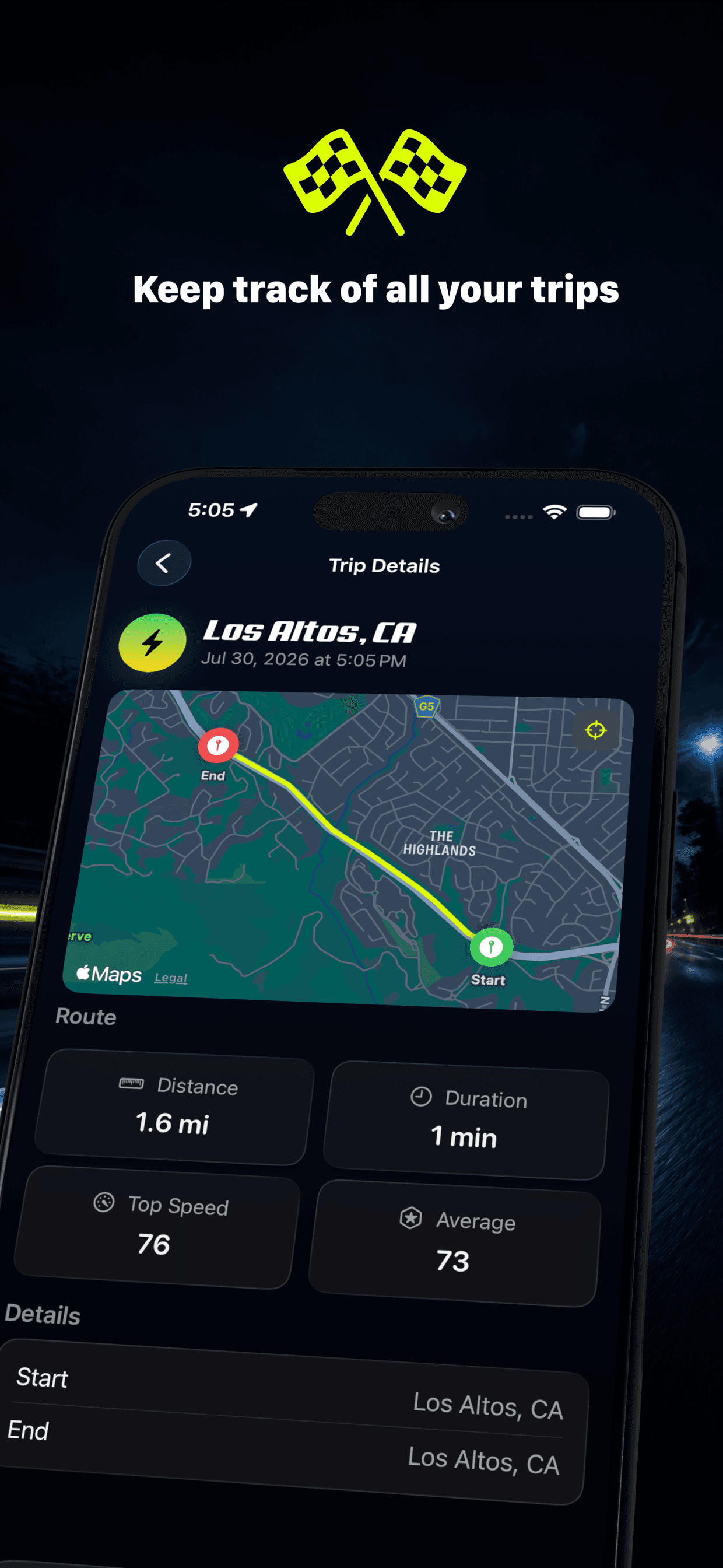 Bolt Speedometer trip details showing route, distance, top speed and average speed